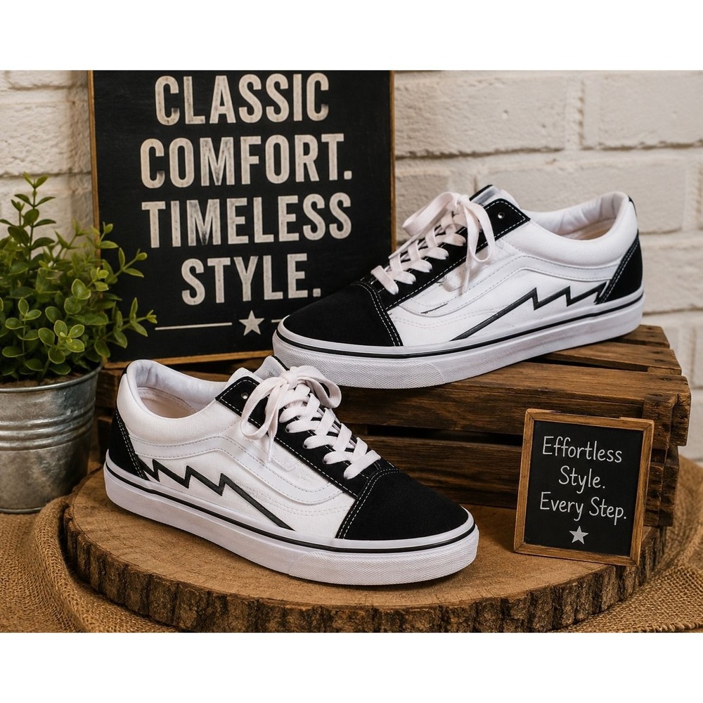 Vans Old Skool Bolt Black White Lightning Low Top Skate Shoes Mens 7.5/Womens 9